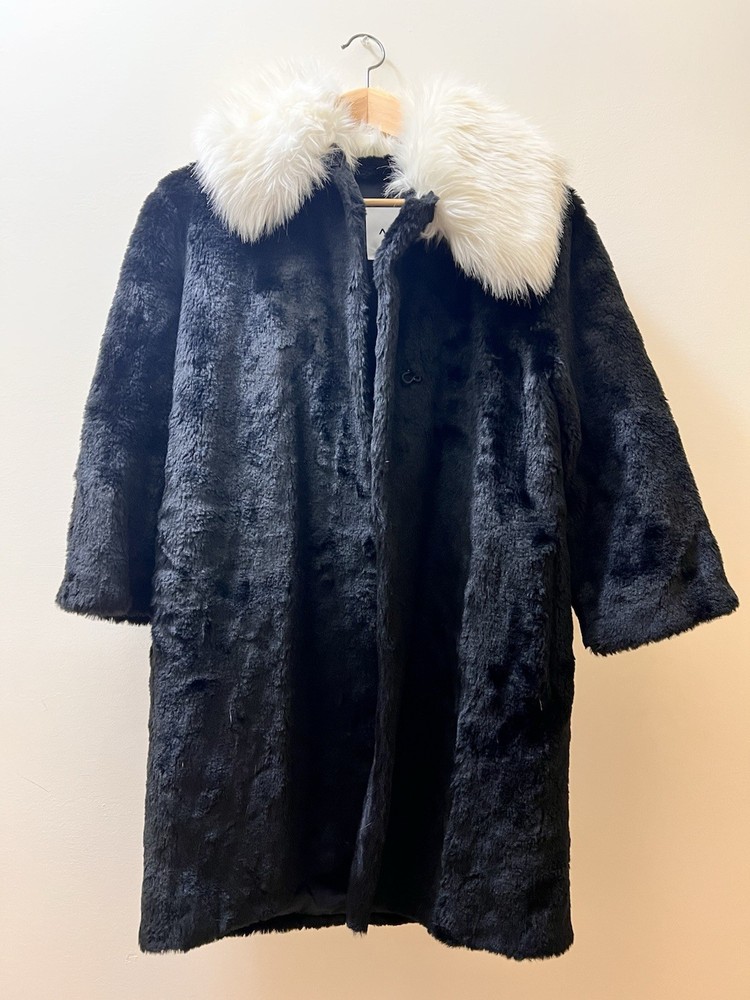 Ainea - Black Faux Fur Coat with White Fur Collar – Small – Made in Italy