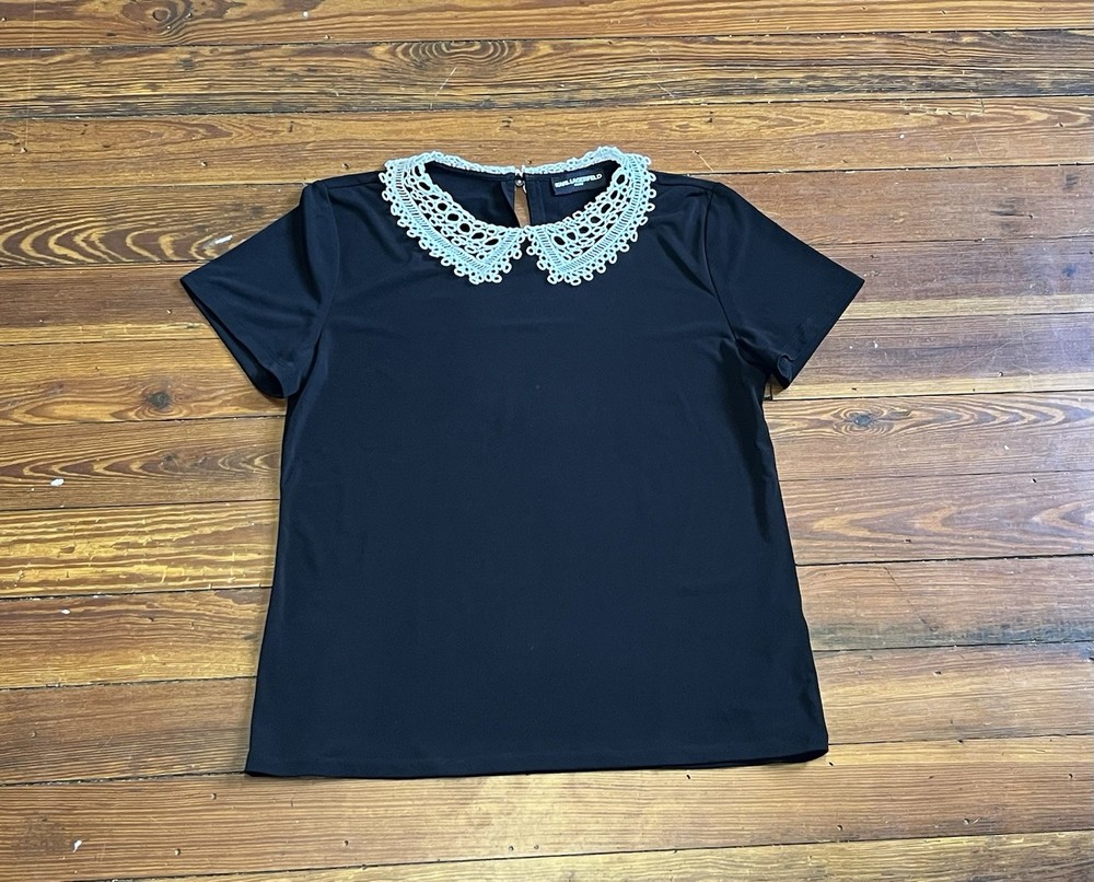 Crochet Shirt Karl Lagerfeld Paris Collar  Women’s Size L Black