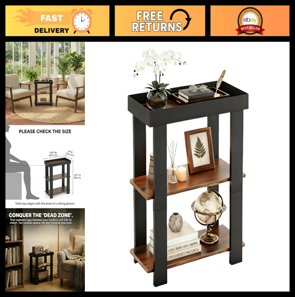 Rustic 3-Tier Narrow Side Table, Slim End Table with Storage for Small Spaces
