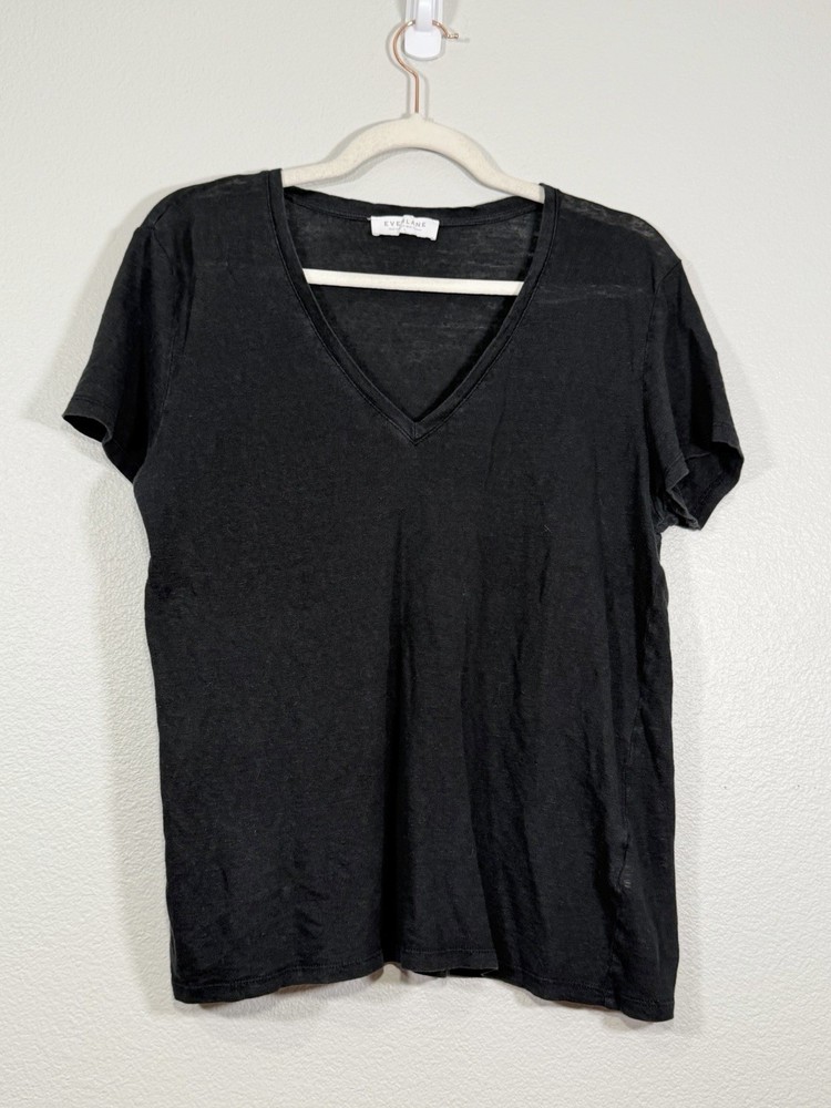 Everlane Shirt Black V-Neck Short Sleeve Tee 100% Linen Classic T-Shirt Women L