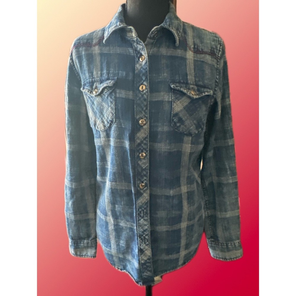 Orvis Womens Blue Plaid Western Button Down Shirt Roll Tab Sleeve Medium