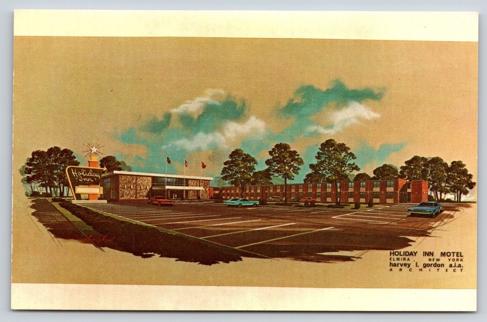Artist Conception~Elmira New York~Holiday Inn~Parking Lot~Flags~Sign~1950s PC