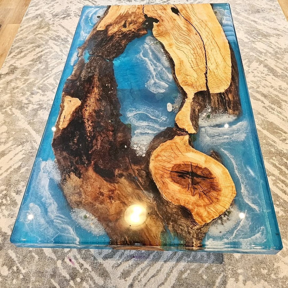 Custom Blue Resin Acacia Wood Table – Handmade Dining or Desk Slab  -image