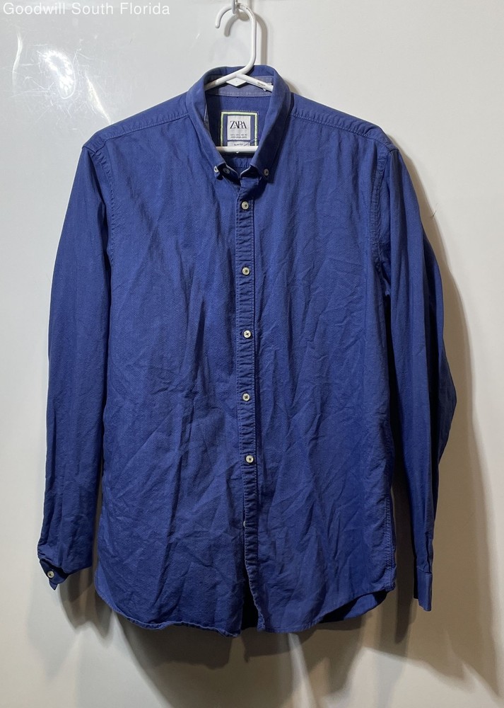 Zara Mens Blue Long Sleeve Collared Slim-Fit Button-Up Shirt Size Large