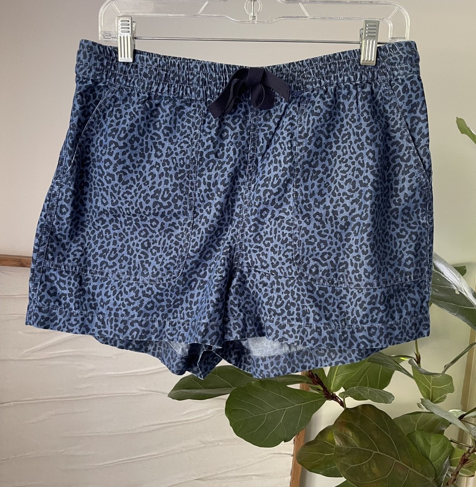 Women's J. CREW Seaside Shorts Indigo Leopard Cotton Pull-On Elastic Waist Small