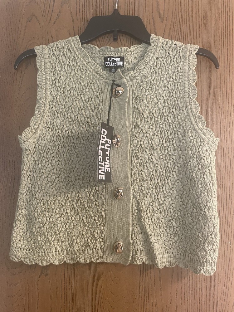 Button Front Knit Sage Green Vest SZ S