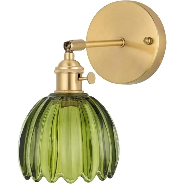 ShenmoylVintage Battery Operated Wall Sconce with Green Tulip Glass Lampshade R