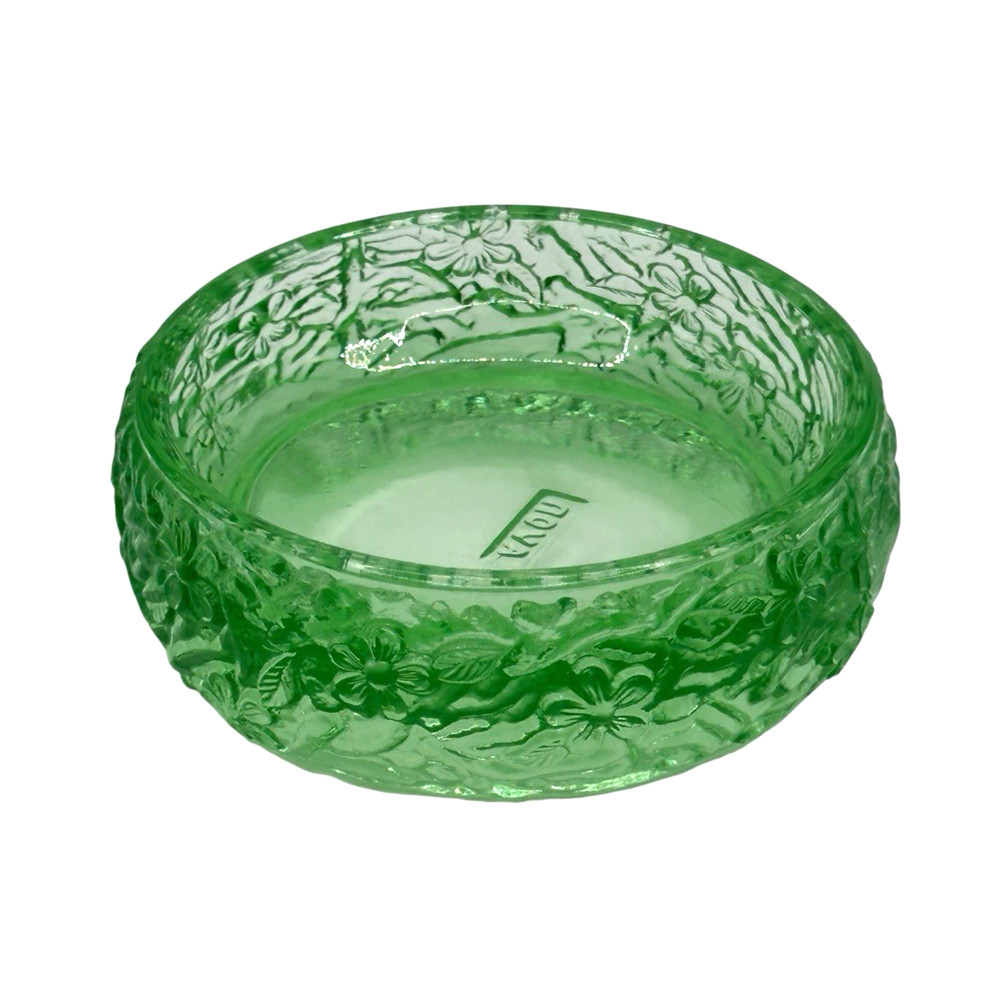 Vintage 1970s Avon Love Nest Round Green Trinket Dish Floral Design Thick Glass