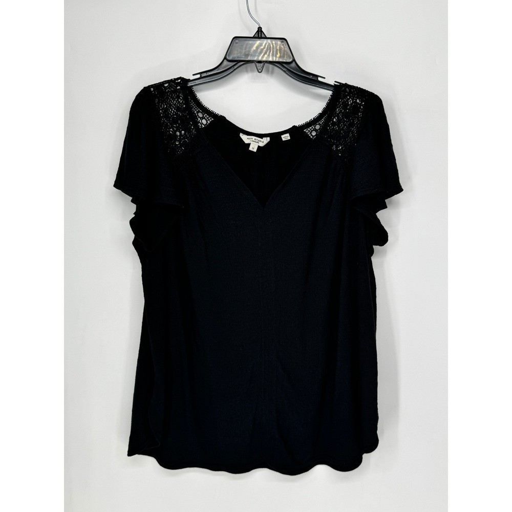 Max Studio Blouse Womens 1X Black Excellent Crochet Lace V-Neck Flutter Sleeve