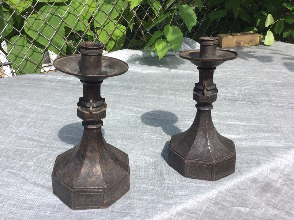 Antique Pair Hand Hammered Metal Steel Arts and Crafts Candle Sticks 10” No Res.