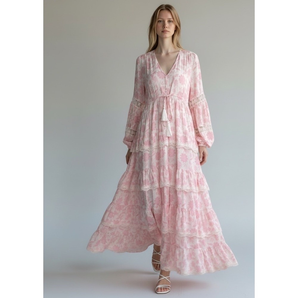 Miss June Maéva Bohemian Maxi Dress Balloon Sleeve Ruffles Lace Size 1-S/M Pink