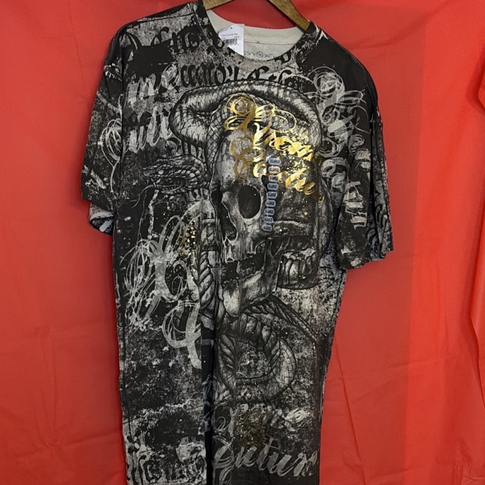 Xtreme Couture Skull Graphic Gold Foil Men's XL T-Shirt Black Gray