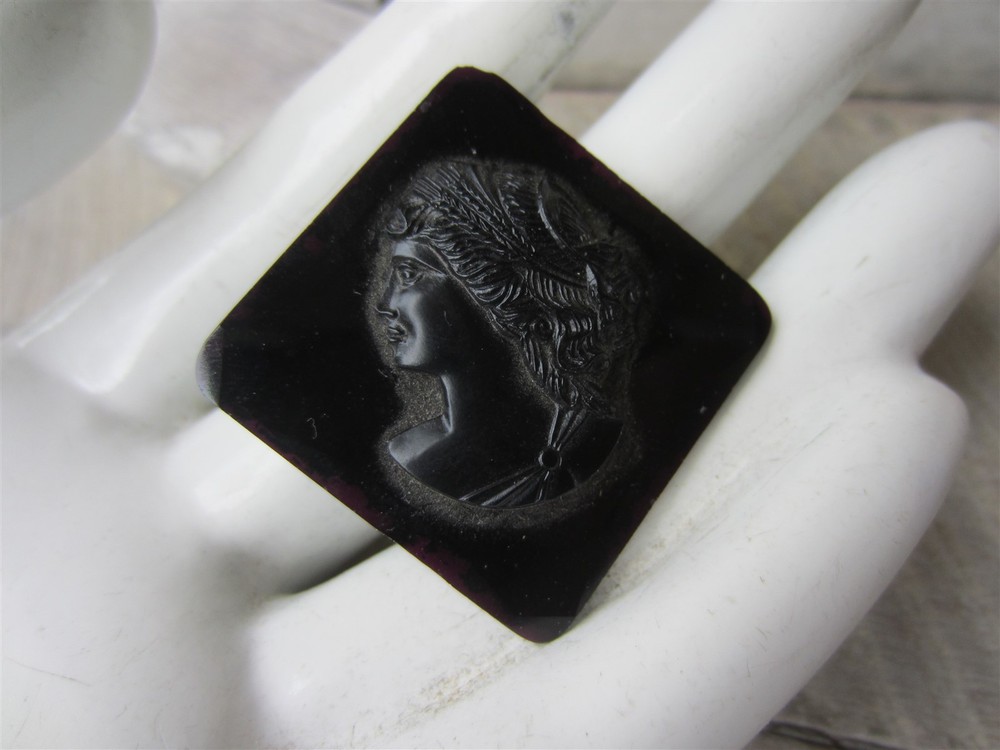 Antique Victorian Jet Black Carved Cameo Lady Profile Glass Mourning PIN Brooch