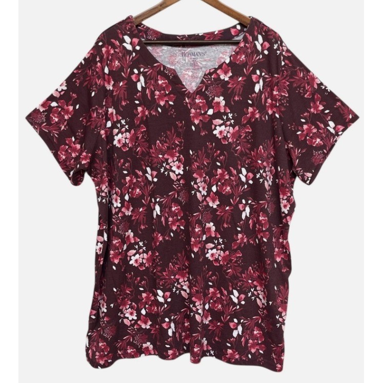 Roamans Womens 2X Multicolor Floral Split Neck Short Sleeve Tunic Tee