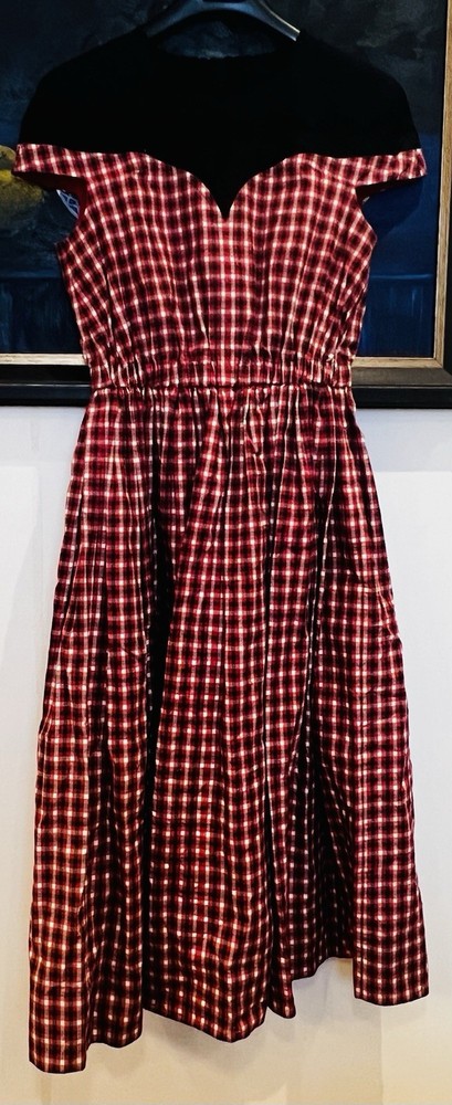 FENDI Exclusive Red Checked Midi Dress Sz 40 Cotton Silk Luxury Cocktail Gown