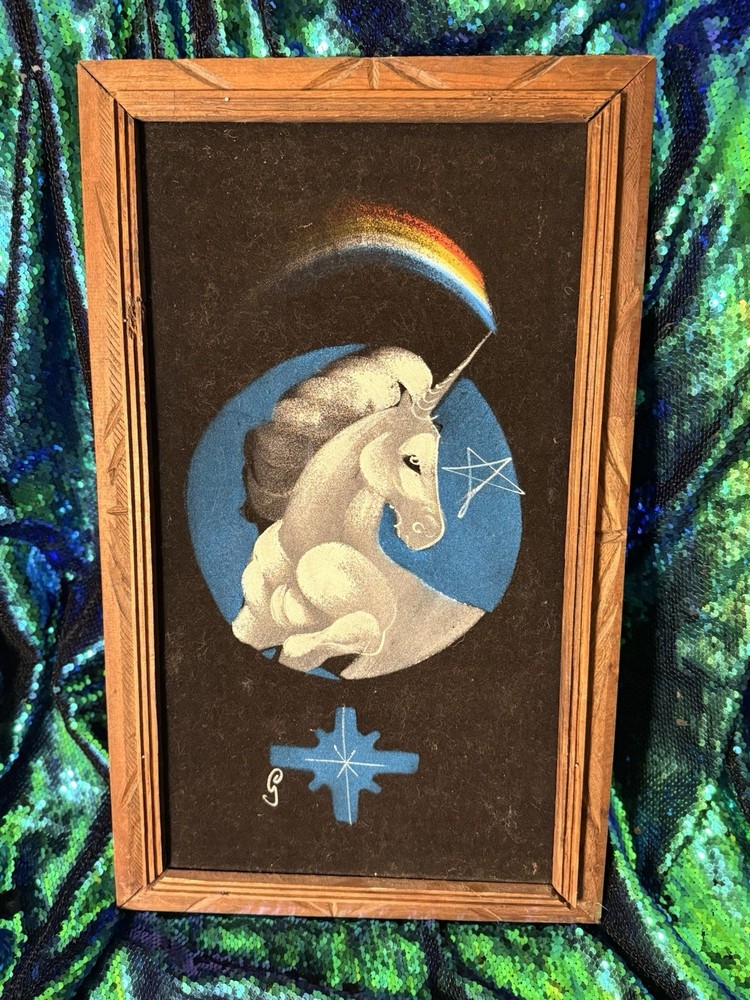 Vintage Black Velvet Painting White Unicorn Horse Rainbow Mexico Fantasy 14x22