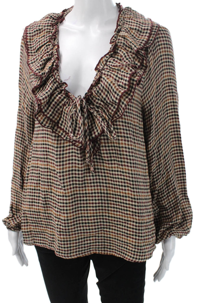 Zara Women Bohemian Check Long Sleeve Drawstring Blouse Polyester Size LFree Shipping in US $100+ Orders | $6.95 Orders Below