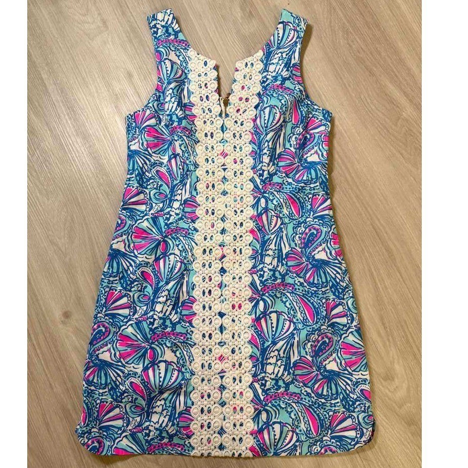 Lilly Pulitzer Shells Print Lace Trim V Neck Shift Dress Size 10