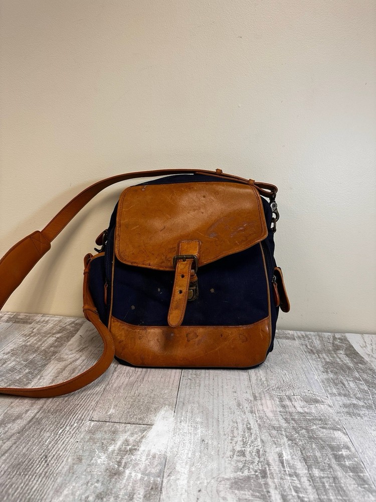 LL Bean Canvas Leather Crossbody Shoulder Bag Satchel Messenger Purse Tan Brown