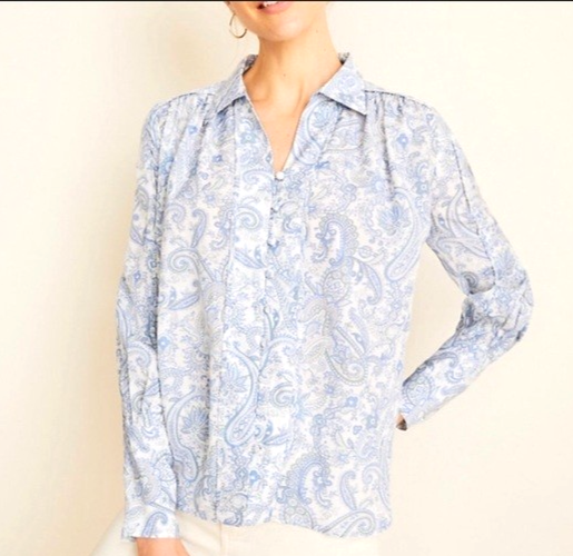 ANN TAYLOR Blue PAISLEY Hidden Buttons PLEATED TRIM V-Neck BLOUSE/TOP Sz S