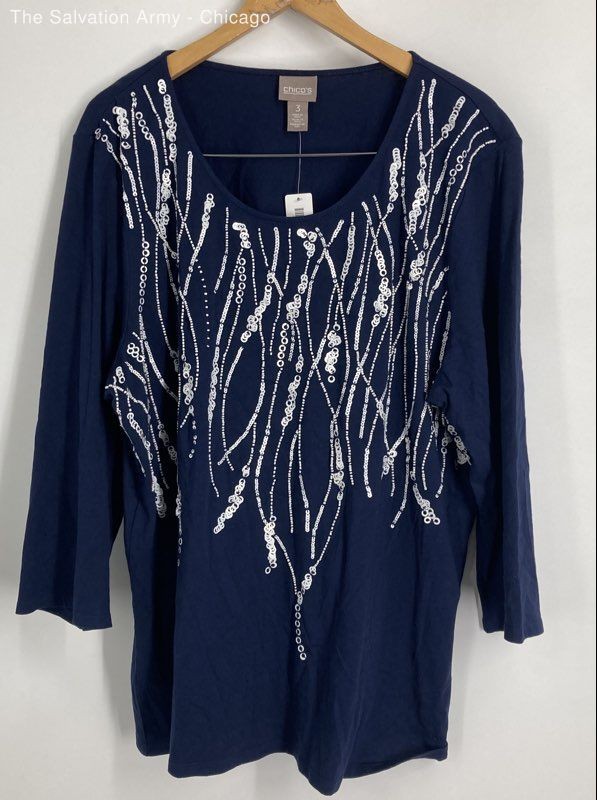 Chico's Womens Blue Scoop Neck 3/4 Sleeve Tunic Blouse Top Size 3