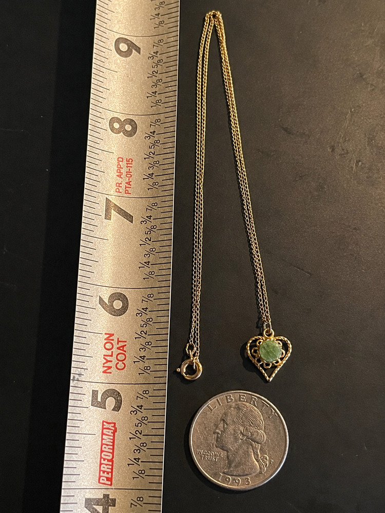 VTG 1/20 12K GF Gold Filled Heart Pendant Necklace Green Jade Stone ? Filigree