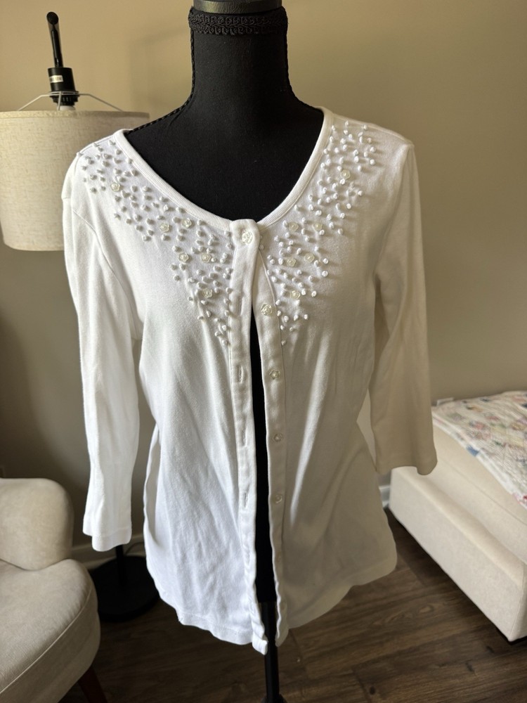 Christopher & Banks Womens S White Knit Beaded Button-Front V-Neck Cardigan
