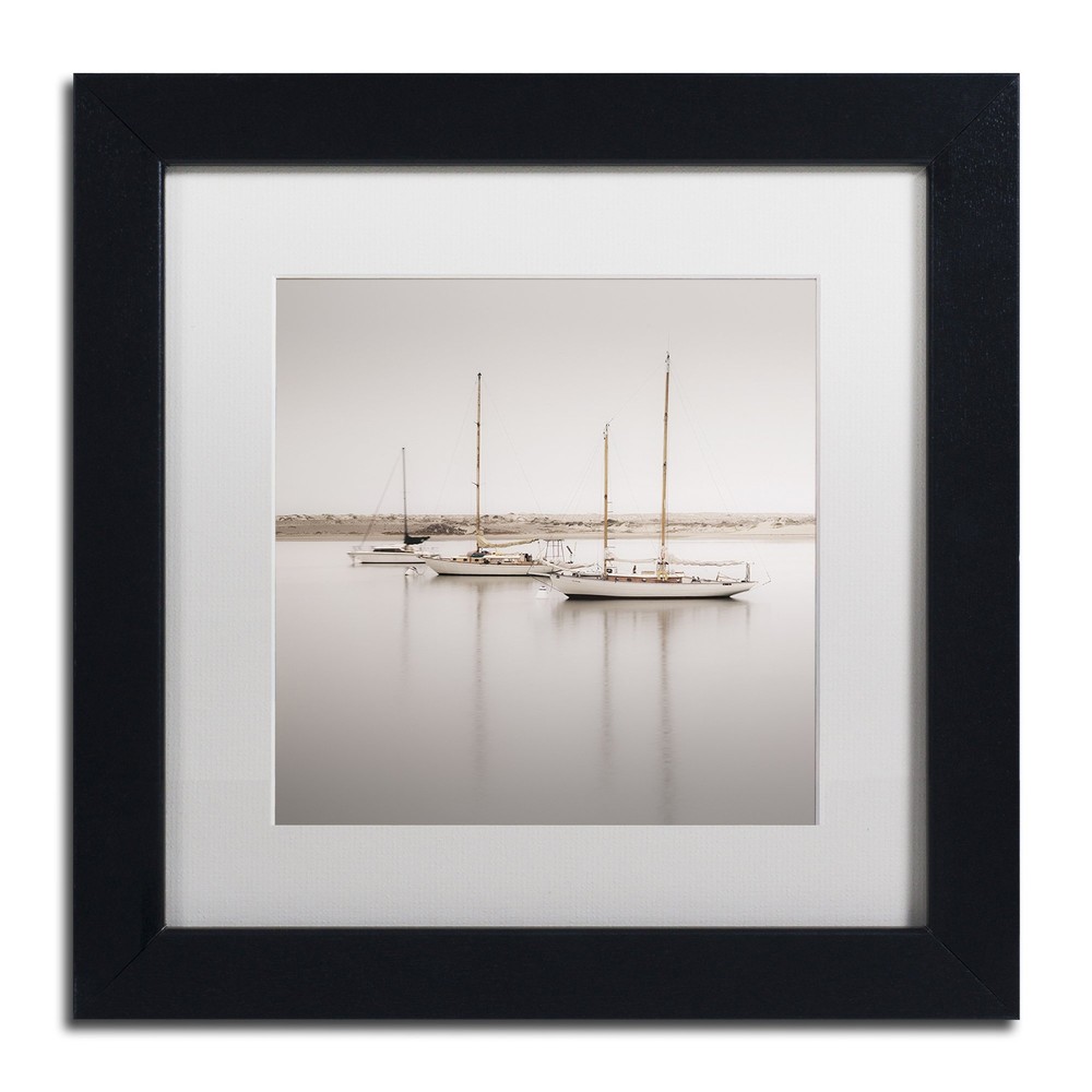 Three Boats by Moises Levy in White Matte and Black Framed Artwork, 11 by 11