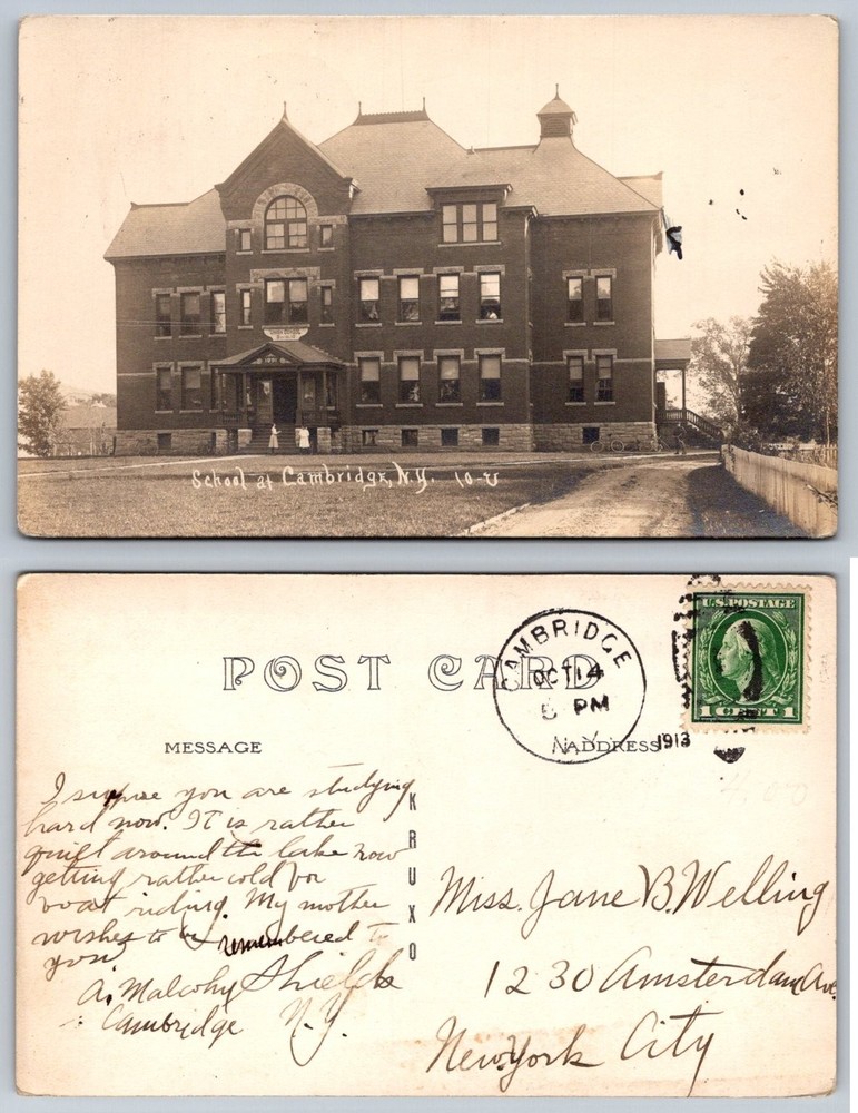 Cambridge NY Union School 1901 Real Photo Postcard RPPC 1913 Postmark
