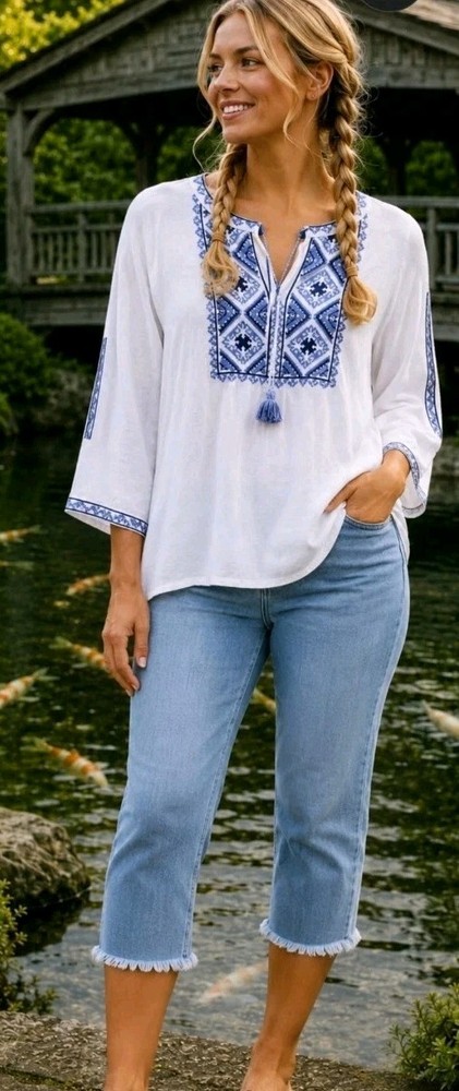 J. Jill Embroidered Boho Peasant Top Women's Large Petite White Blue Tassel
