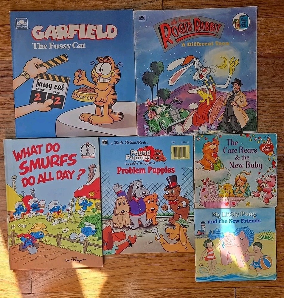 80s Childrens Cartoon Tv/movie Book Lot - Care Bears, Pound Puppies, Smurfs