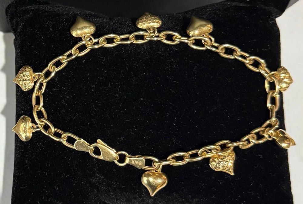 Real 18K Yellow Gold Heart Charm Bracelet Size 7.5