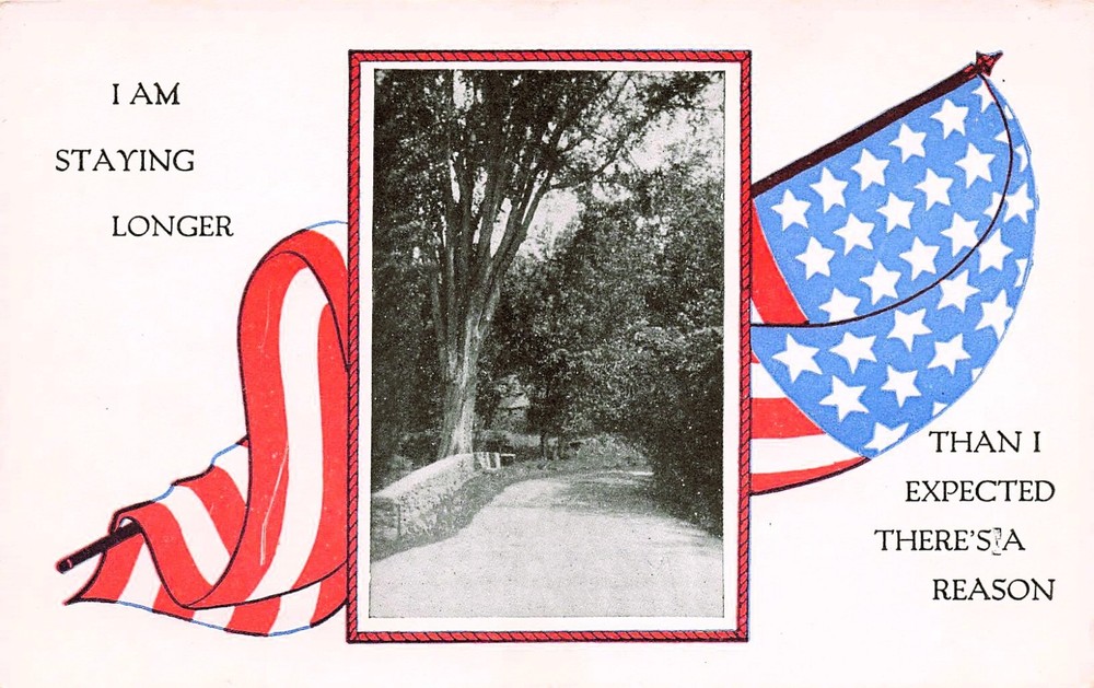 Patriotic US Flag 4th of July Country Road Bridge Military Vtg Postcard E13