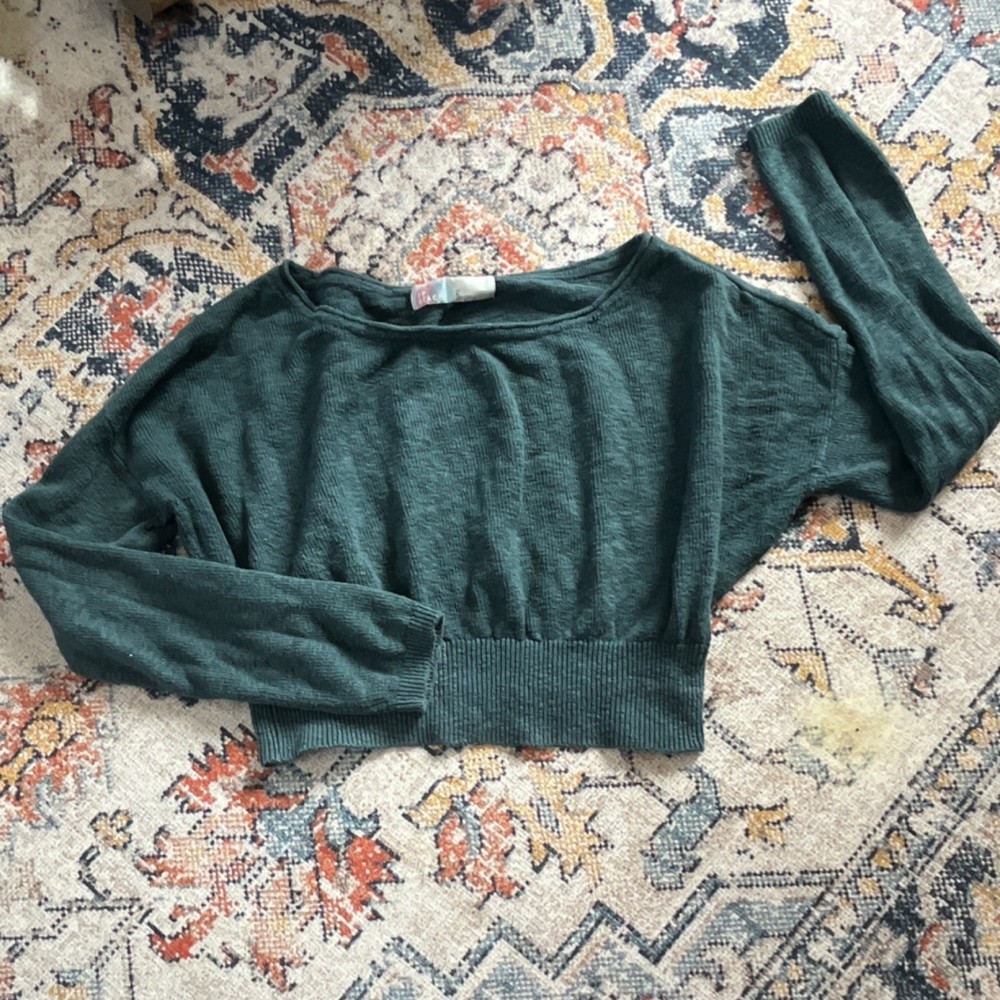 FP Beach Women's Teal/Green Rib-Knit Cotton Blend Boat Neck Cropped Sweater L