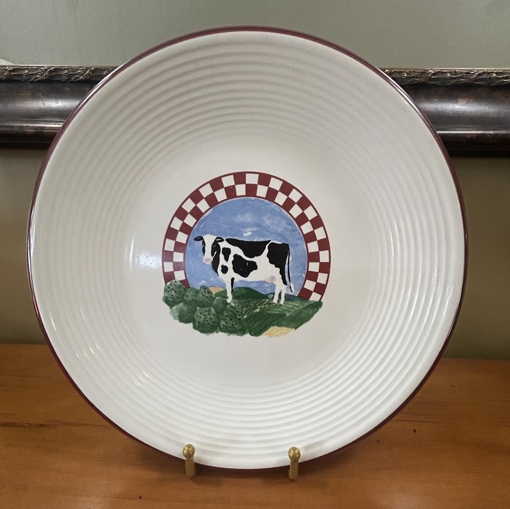 Large 11” Century Stoneware Fannie’s Farm Plate Cow Red Checkered Country Decor