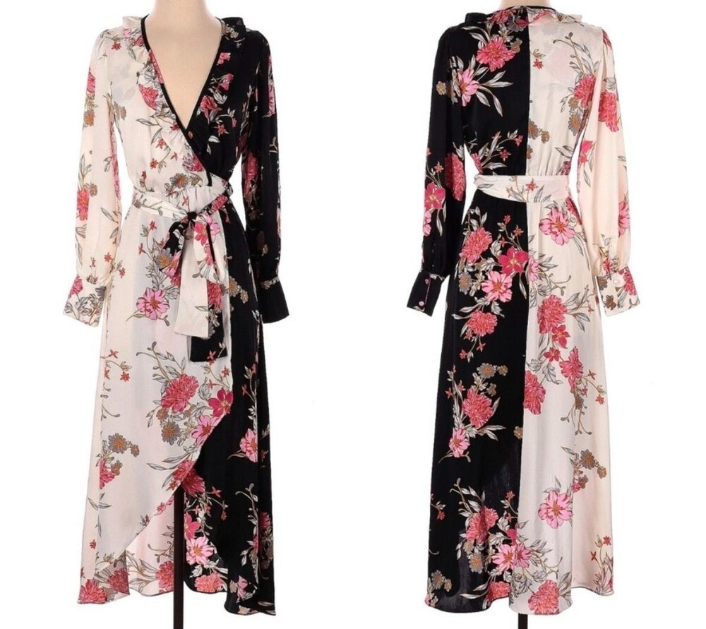 Misa Los Angeles Tabitha Floral Wrap Midi Dress Long Sleeve Size Medium Satin