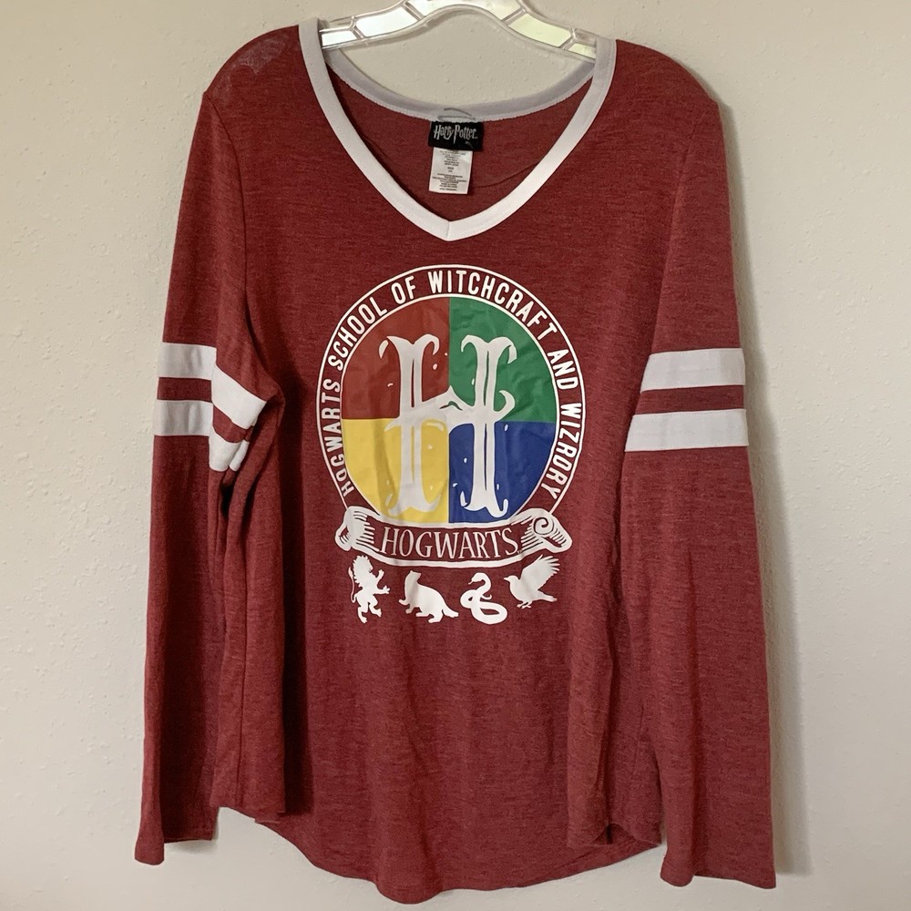Harry Potter Hogwarts Juniors Maroon Long Sleeve V Neck Varsity T-Shirt XXL