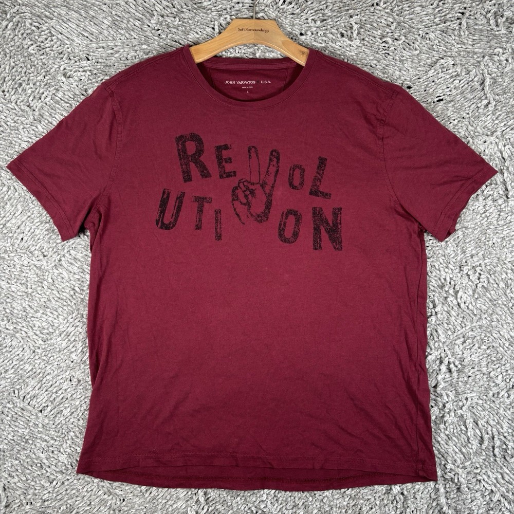 John Varvatos Graphic T-Shirt Mens Large Red Short Sleeve Preppy Crew REVOLUTION