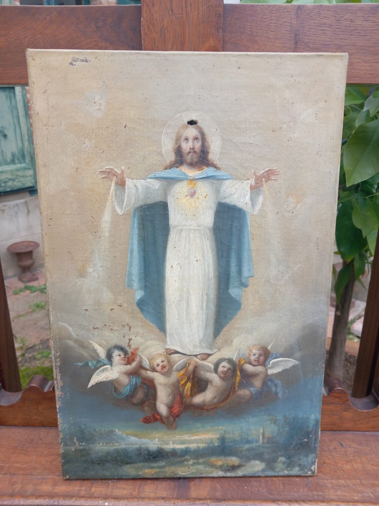 Christ Jesus Blessing Sacred Heart Cherubs Landscape Oil Canvas 19th Century
