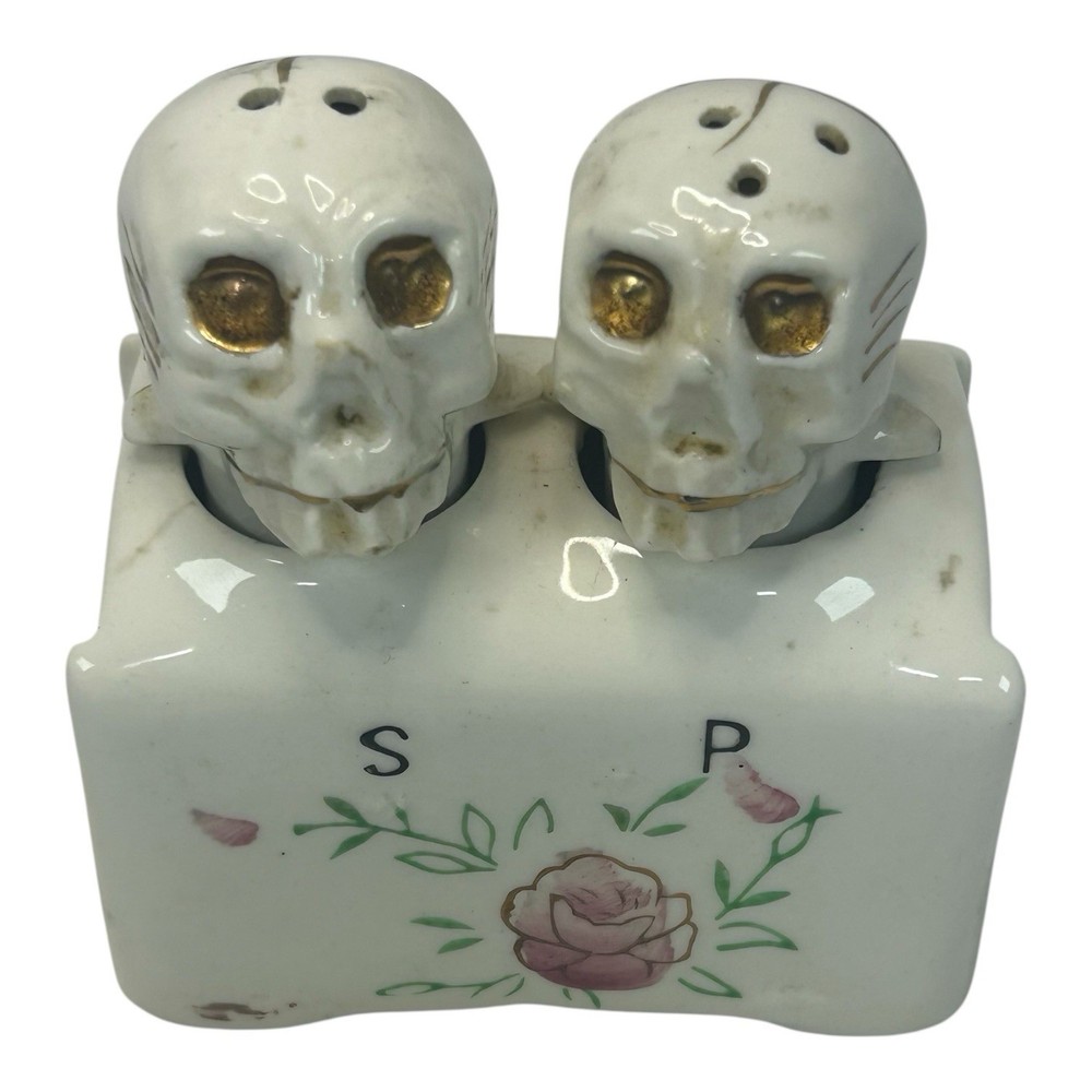 Vintage Skull Nodder Salt Pepper Shakers w/ Holder Gold Eyes Japan Bobble Head