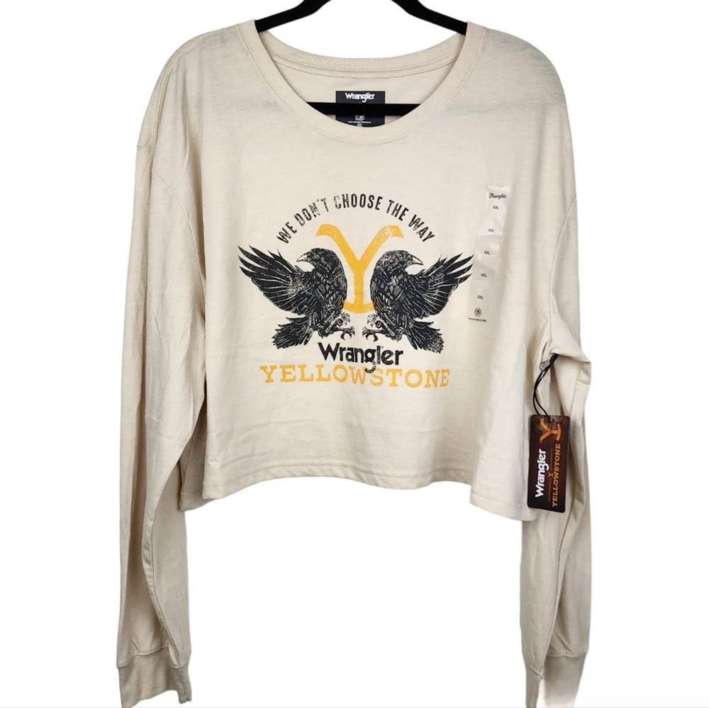 Wrangler Yellowstone T-Shirt Cream Yellowstone Graphic Crop Top Long Sleeve XXL