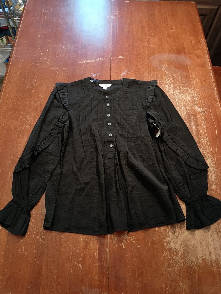 Time And Tru Women's Black Pintuck Ruffle Blouse Long Sleeve Size XS