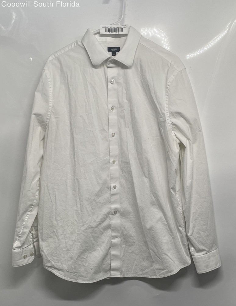 Express Mens 1MX White Long Sleeve Collared Slim-Fit Button-Up Shirt Size Large