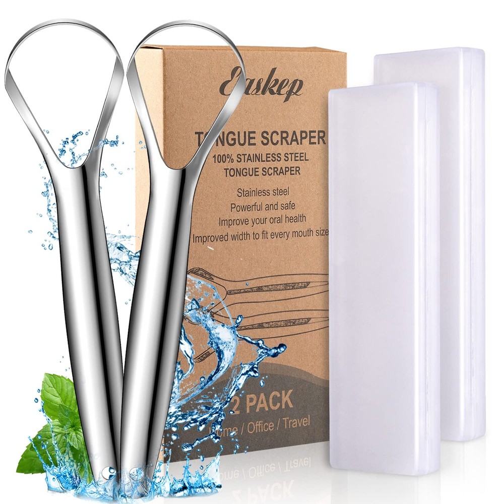 Tongue Scraper (2 Pack), Wide-head Tongue Cleaner with Nice Carrying Box, Easkep