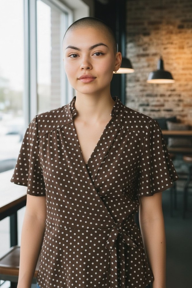 Monteau Polka Dot Wrap Blouse Top Women’s Small Brown White Short Sleeve V-Neck
