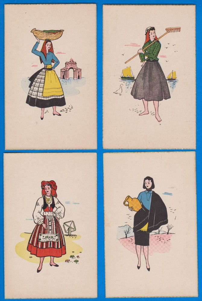 set of 4 old art postcards, Portugal, Viana do Castelo, Nazaré, Coimbra, Lisboa