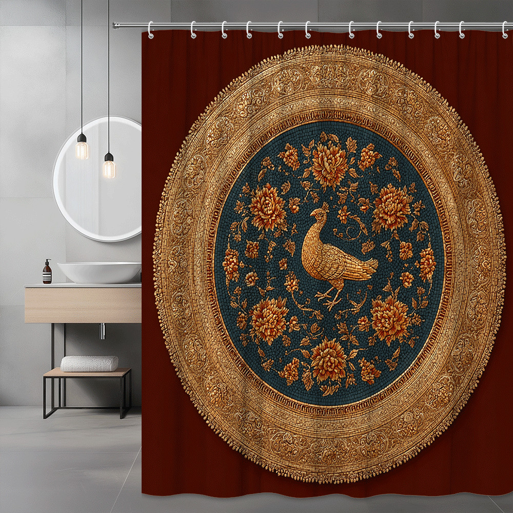 Peacock Floral Medallion Shower Curtain Brown Blue Gold