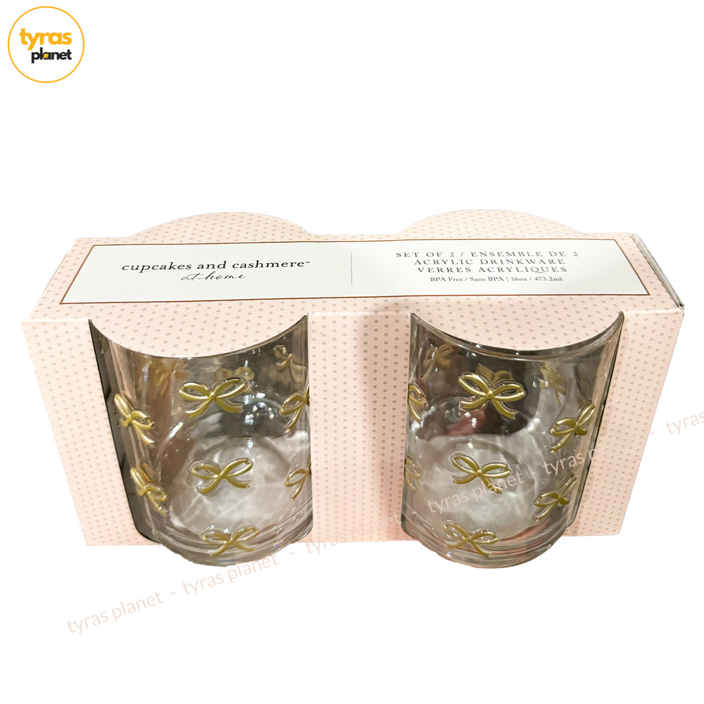 Cupcakes and Cashmere GOLD BOW Acrylic Glasses Set of 2 Brand NEW IN BOX