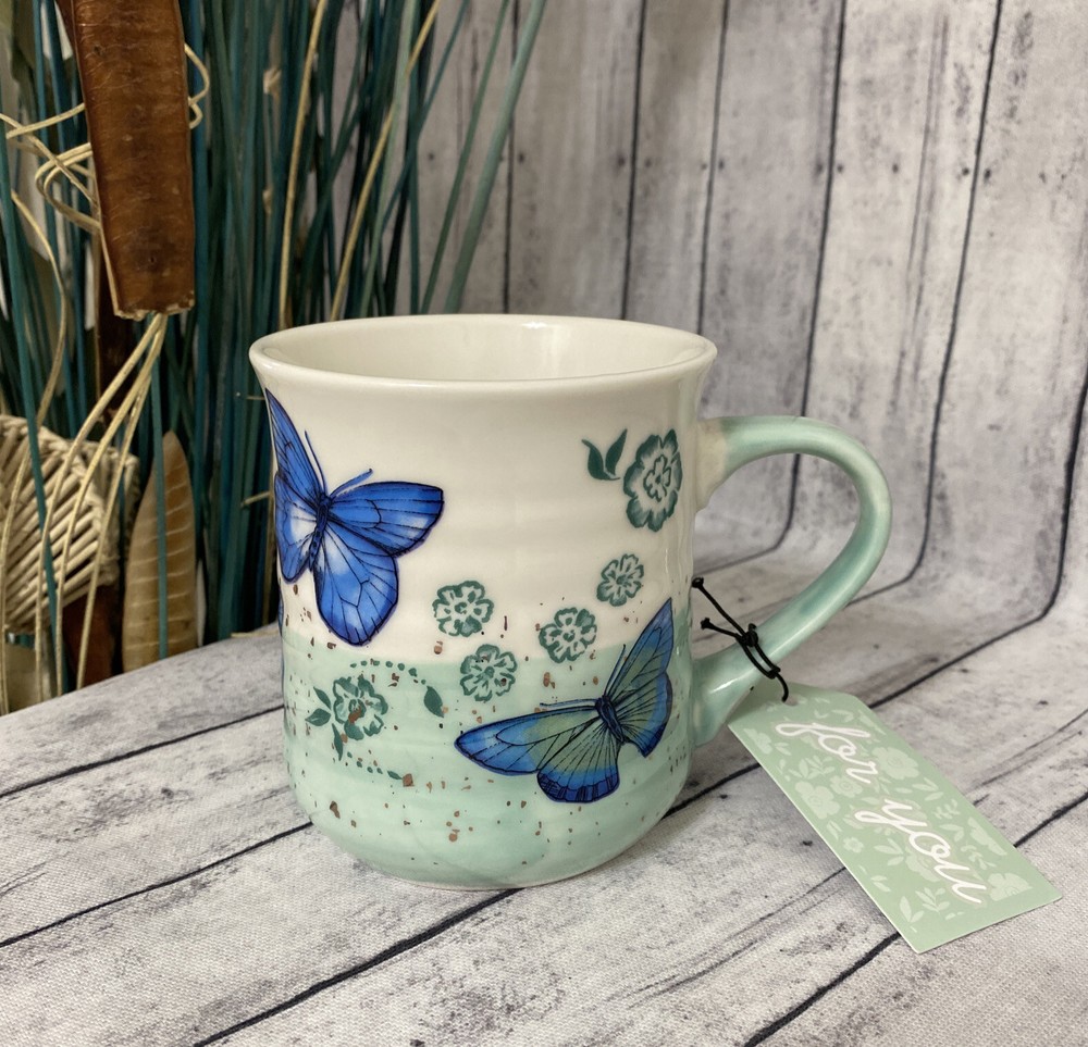 Sheffield Home Butterfly Coffee Mug Cup Hand Painted Green Brushstrokes Nwt!