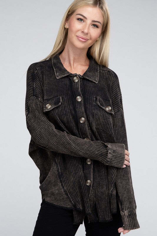 Acid Wash Oversized Cotton Waffle Shacket-image